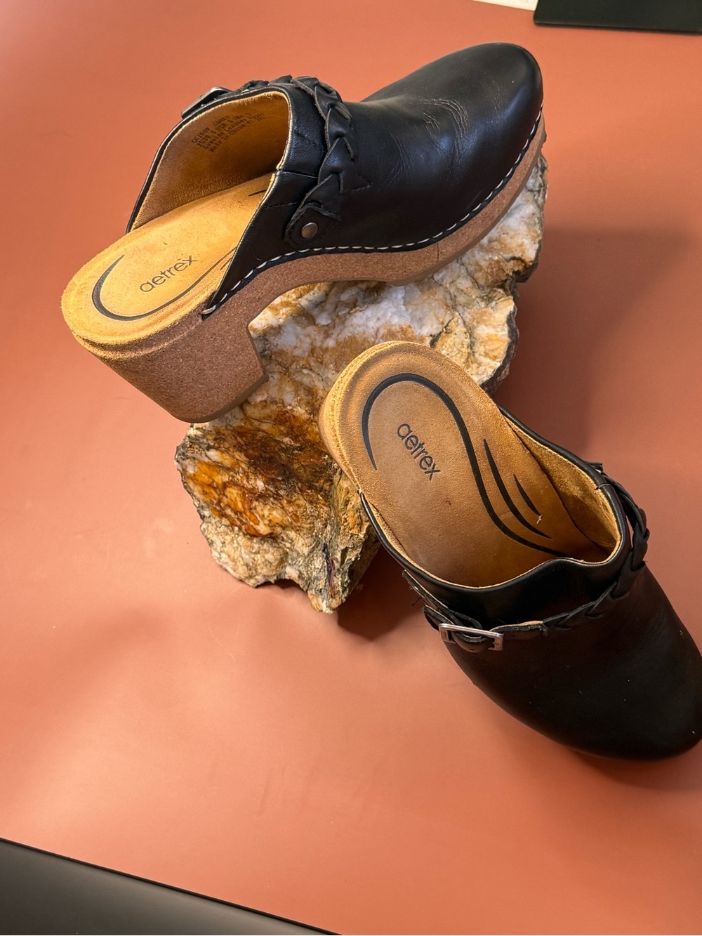 Aetrex Women's Black Leather Corey Clog with Cork Heel